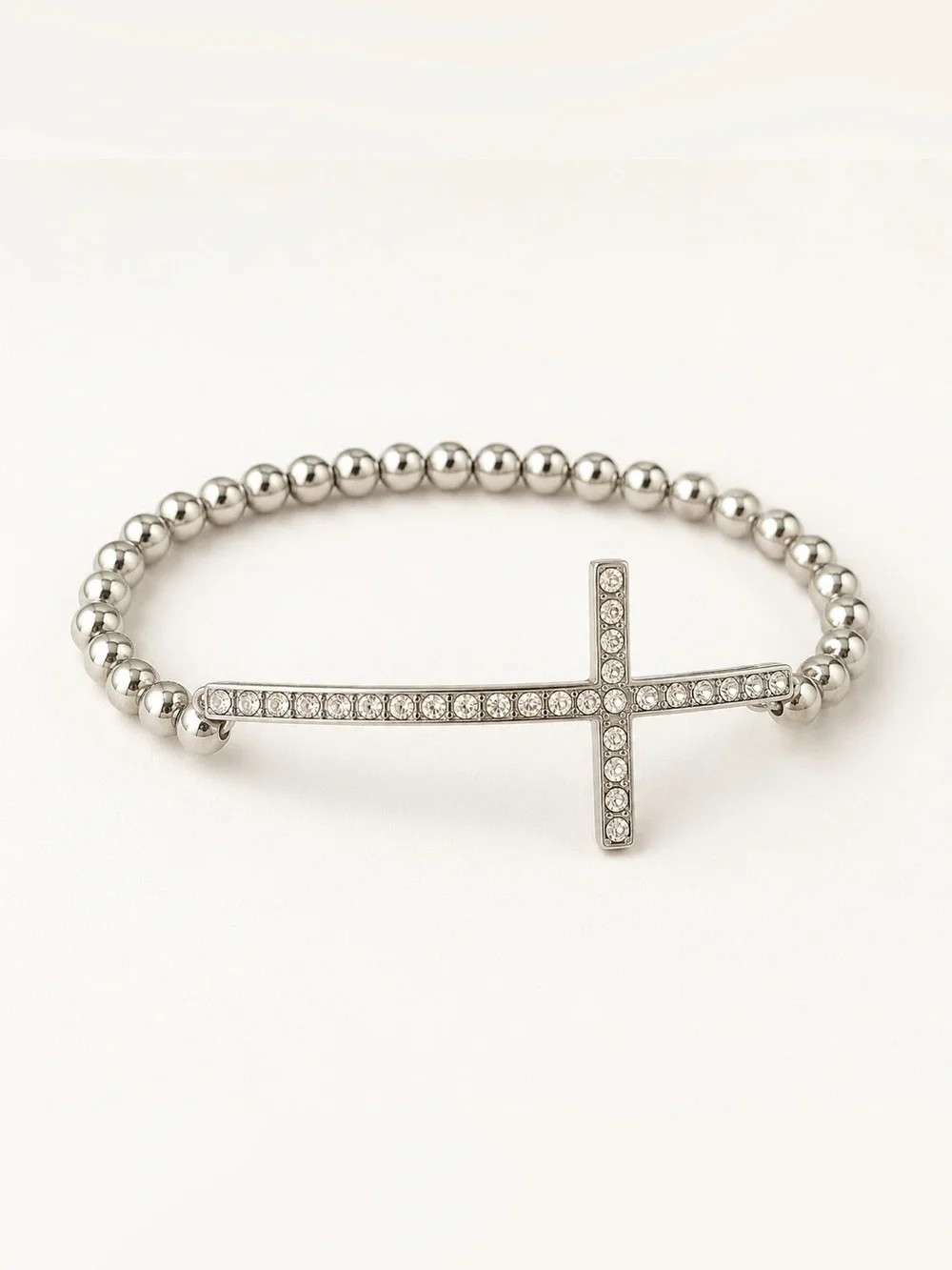 Silver Tone Rhinestone Sideways Cross Beaded Statement Bracelet